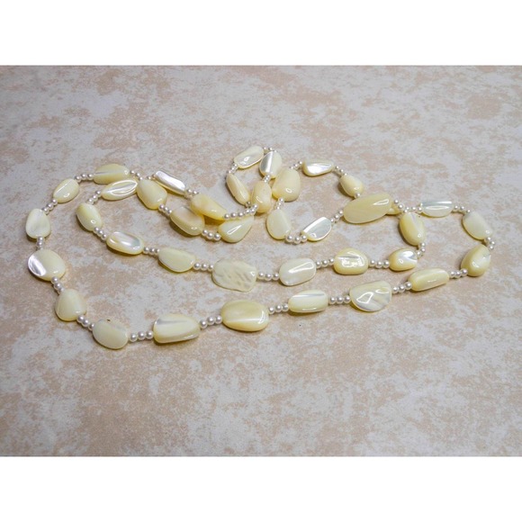 Vintage Carved White Mother of Pearl Bead  Long Versatile Layering Necklace - Picture 2 of 8